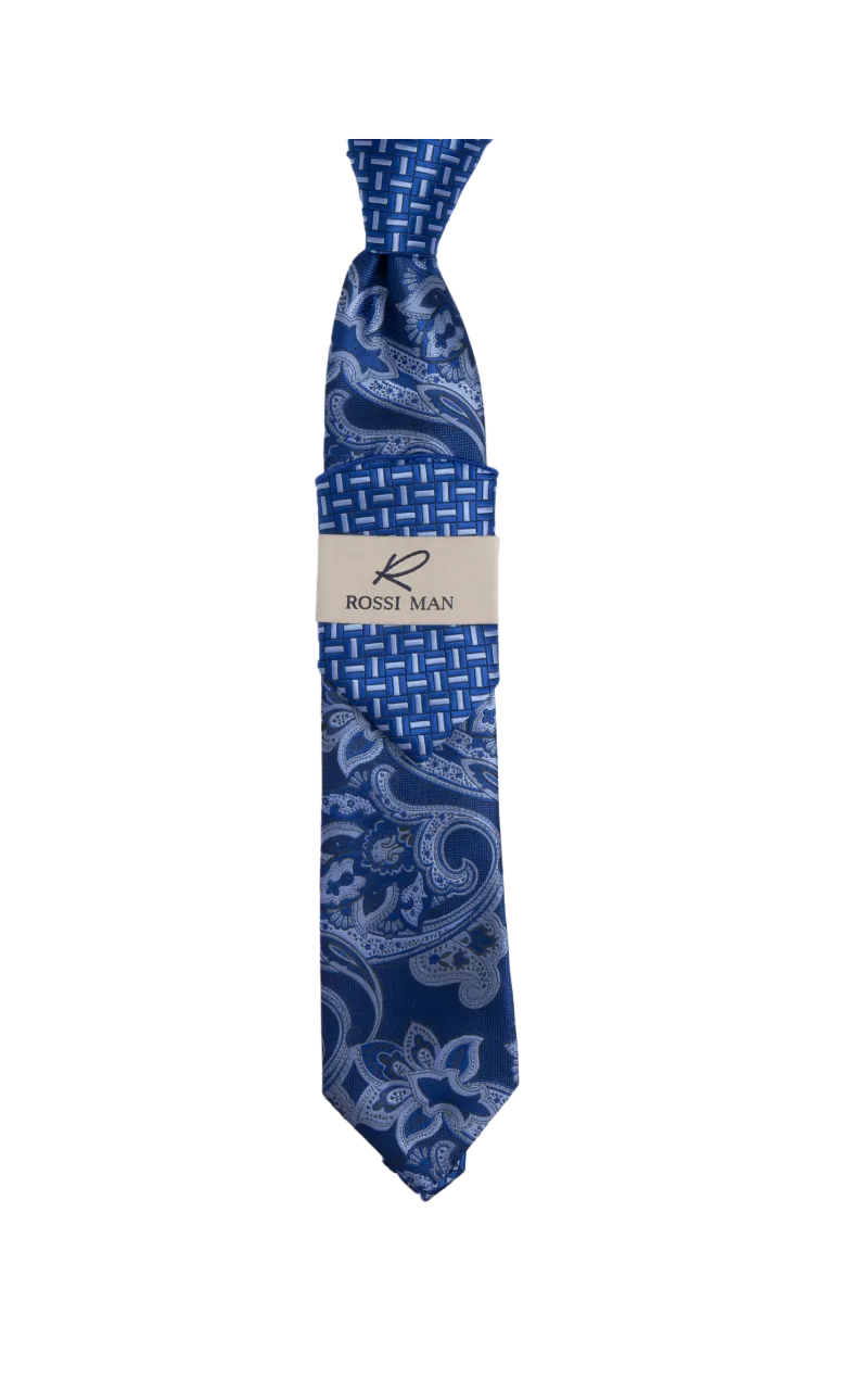 Rossi Man Blue Paisley Ties and Hanky Set