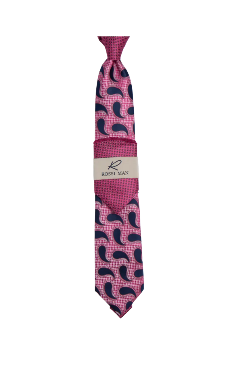 Rossi Man Pink-Blue Paisley Ties and Hanky Set