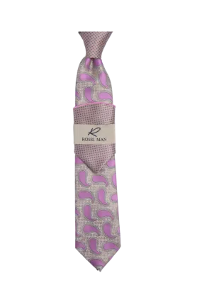 Rossi Man Pink-Tan Paisley Ties and Hanky Set