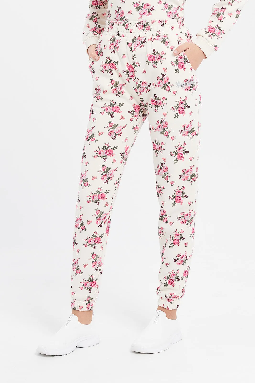 Senior Girls White Floral Track Pants