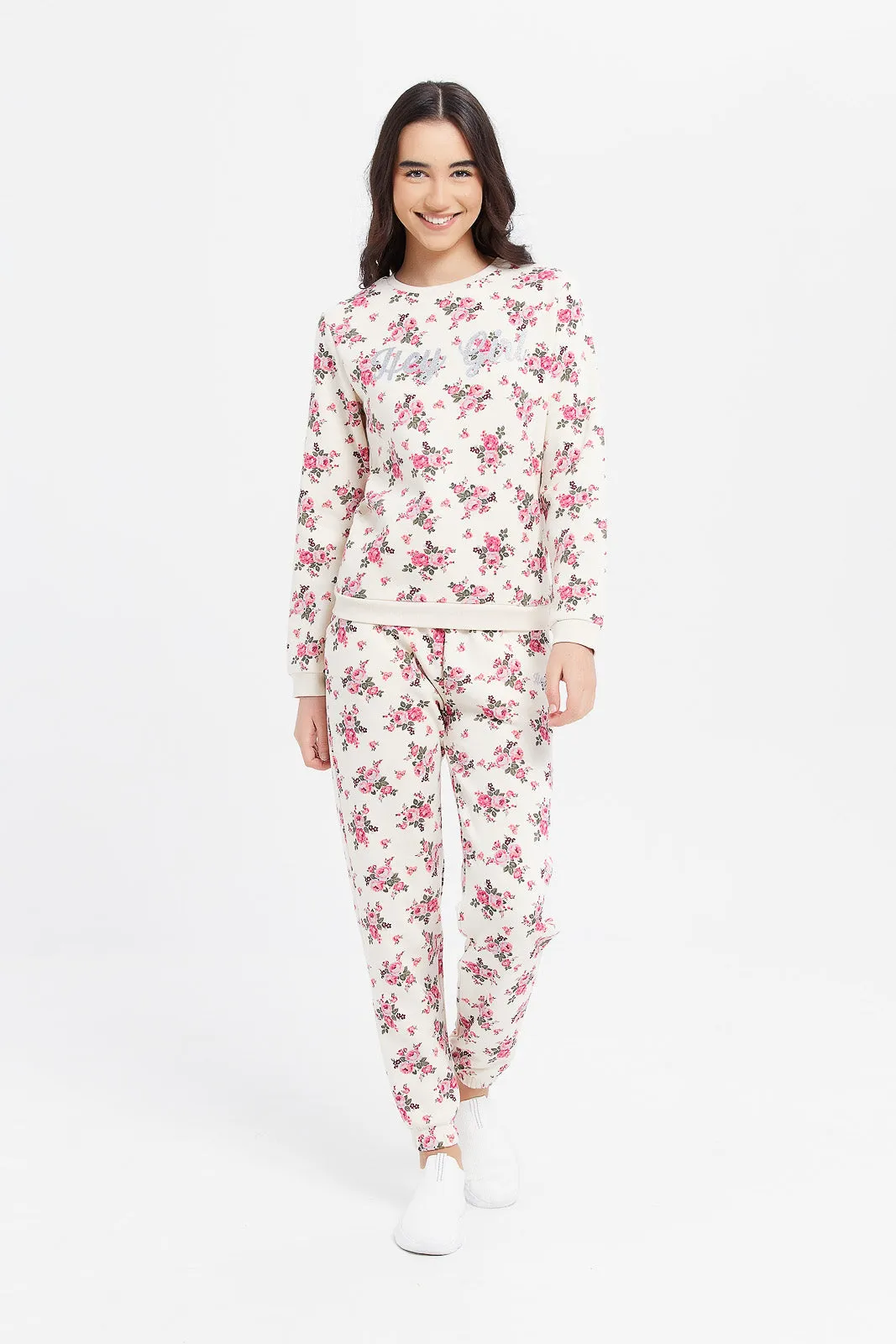 Senior Girls White Floral Track Pants