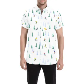 Ski Short Sleeve Men Button Up Shirt, Winter Snow Mountain Trees Skiing White Print Casual Buttoned Down Summer Dress Shirt