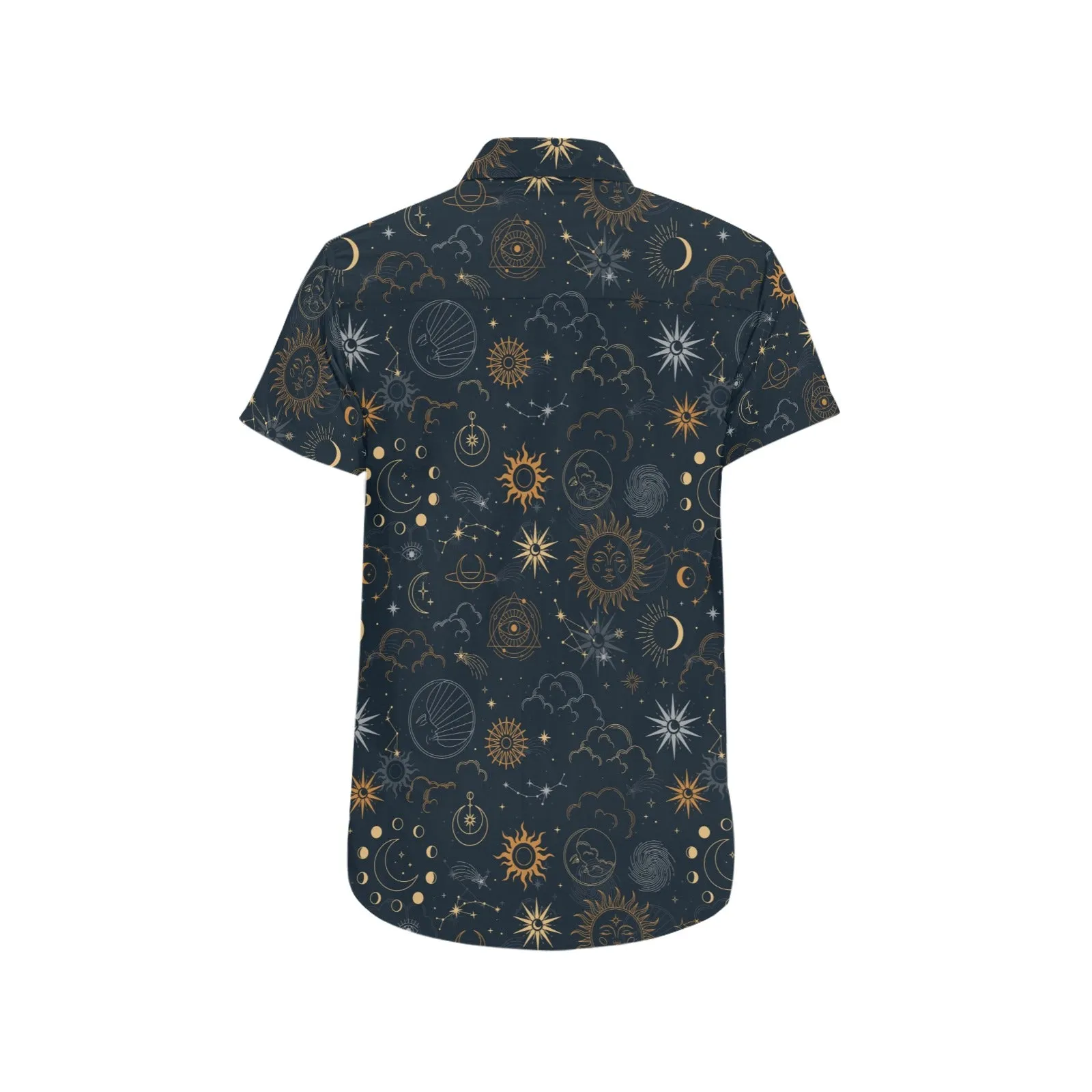 Stars Space Short Sleeve Men Button Down Shirt, Sun Moon Celestial Universe Planets Print Casual Buttoned Up Collared Dress Plus Size