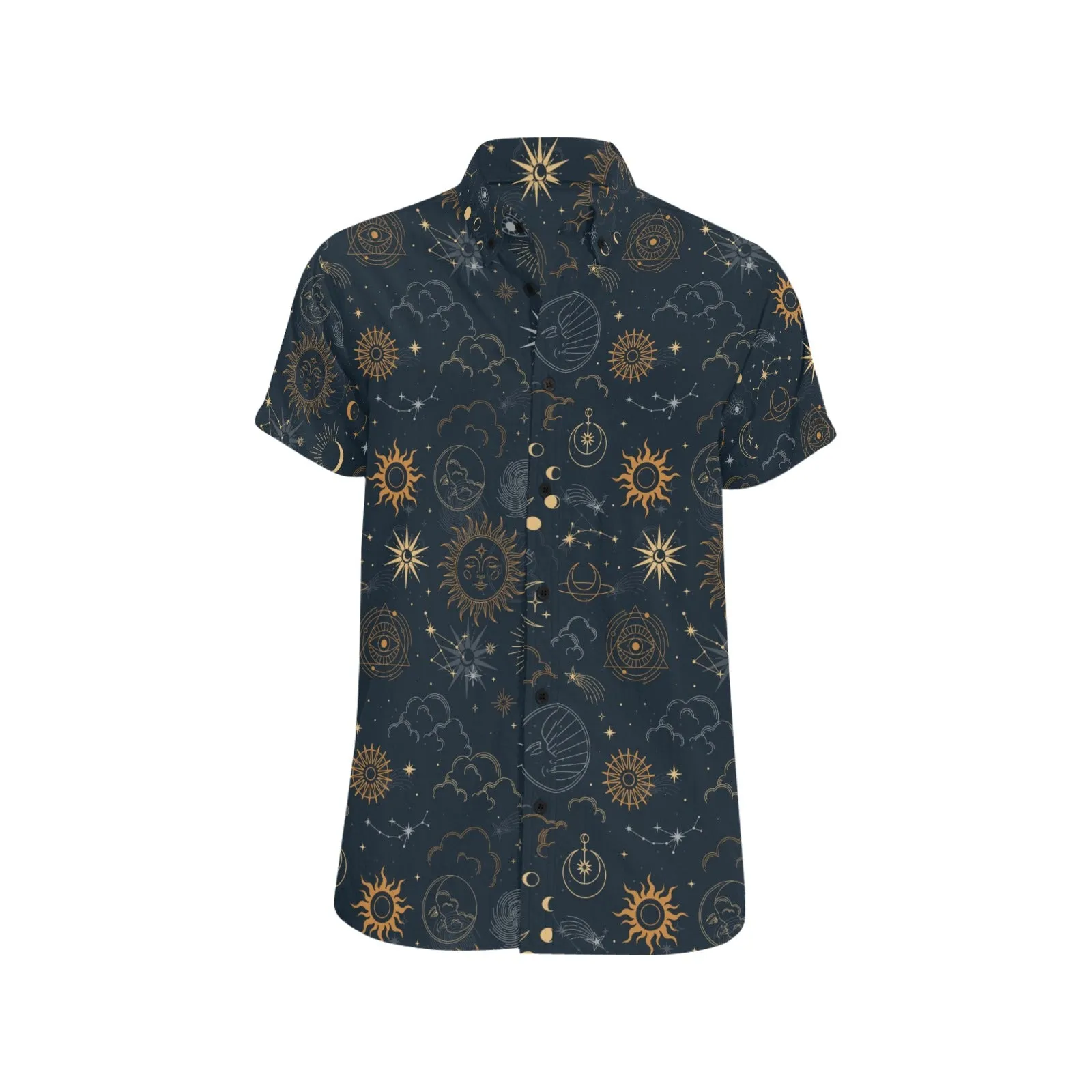 Stars Space Short Sleeve Men Button Down Shirt, Sun Moon Celestial Universe Planets Print Casual Buttoned Up Collared Dress Plus Size