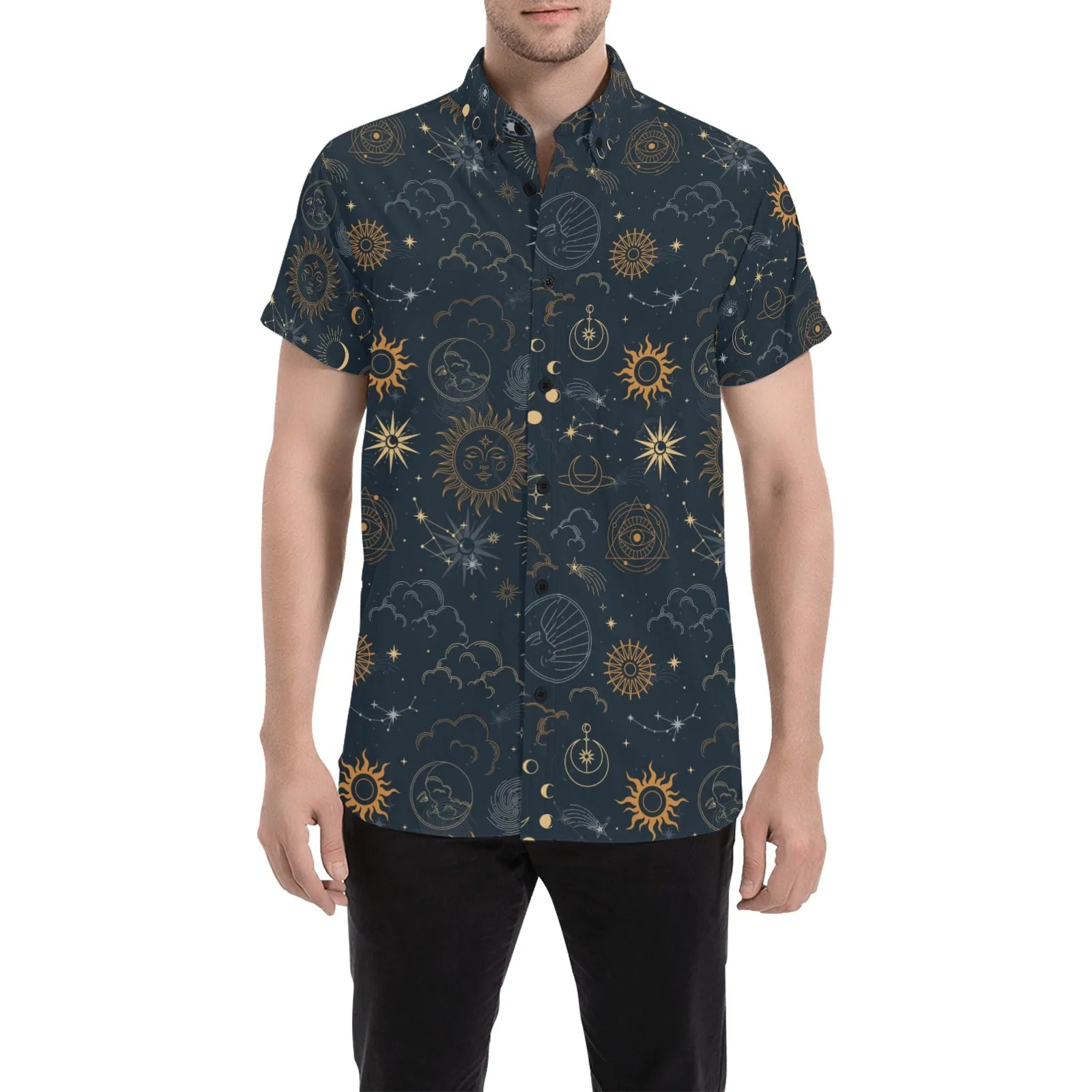 Stars Space Short Sleeve Men Button Down Shirt, Sun Moon Celestial Universe Planets Print Casual Buttoned Up Collared Dress Plus Size