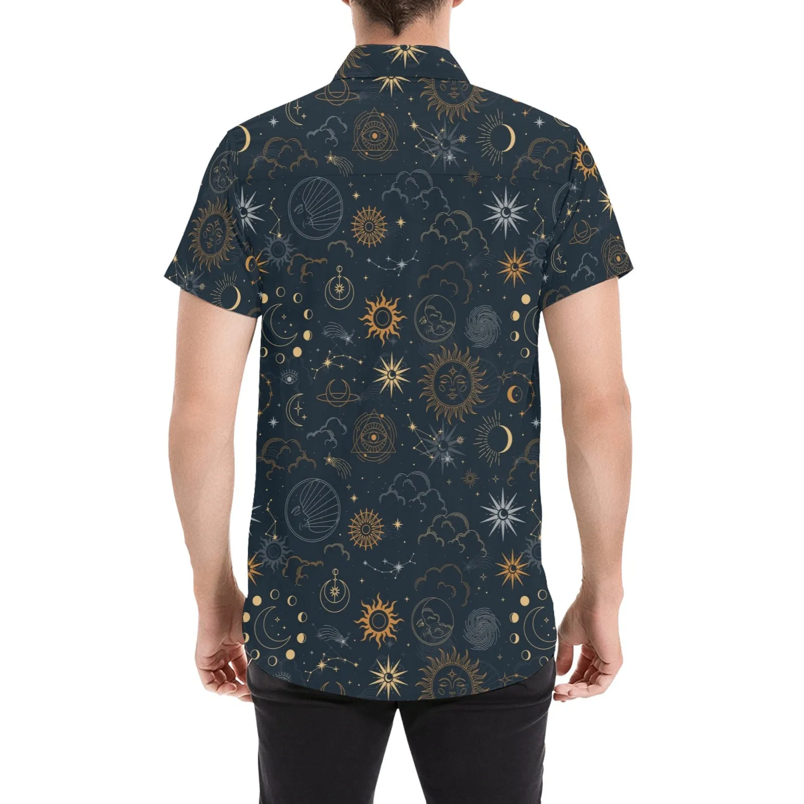 Stars Space Short Sleeve Men Button Down Shirt, Sun Moon Celestial Universe Planets Print Casual Buttoned Up Collared Dress Plus Size