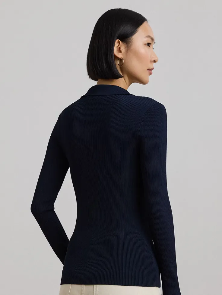 SWG Navy Blue Ribbed Knit Polo - Full Sleeves