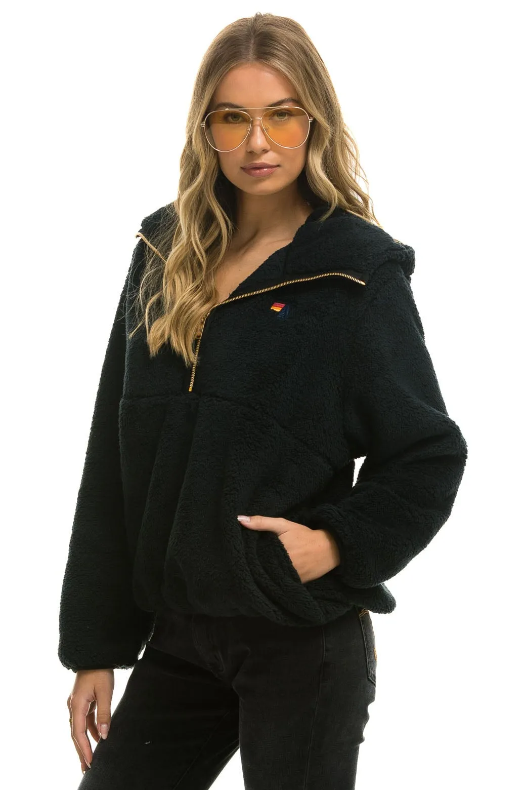 TEDDY APRES  HOODED HALF ZIP JACKET - BLACK