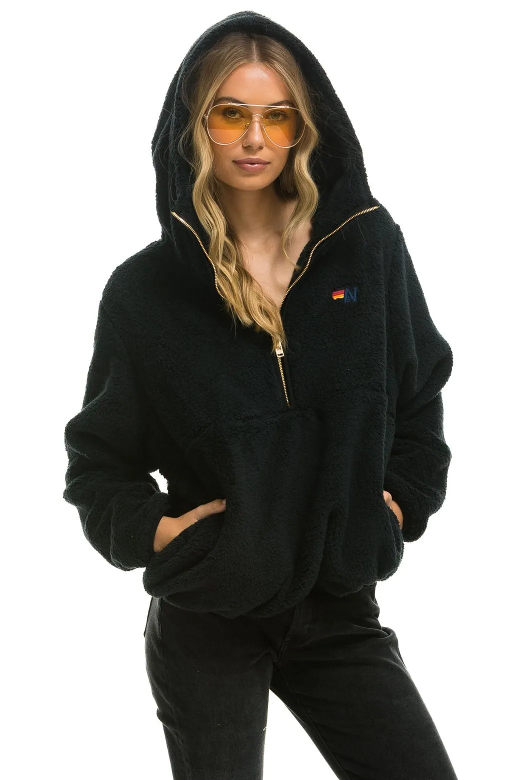 TEDDY APRES  HOODED HALF ZIP JACKET - BLACK