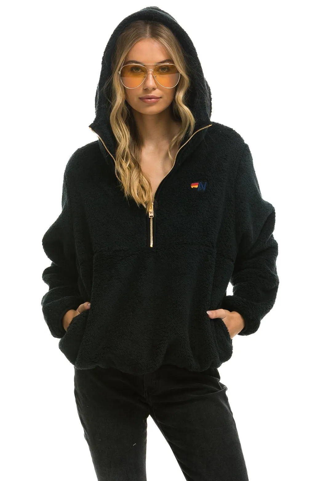 TEDDY APRES  HOODED HALF ZIP JACKET - BLACK