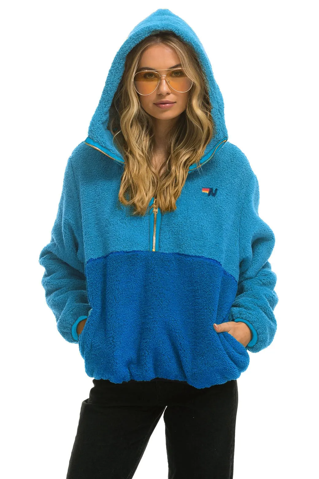 TEDDY UNISEX HOODED HALF ZIP COLOR BLOCK JACKET - OCEAN