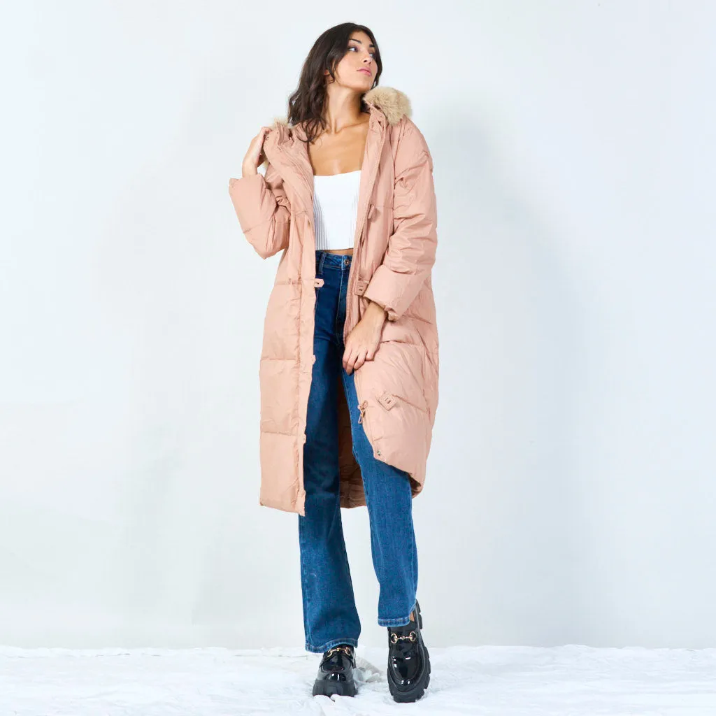 Toggle-front long parka with faux fur hood wholesale