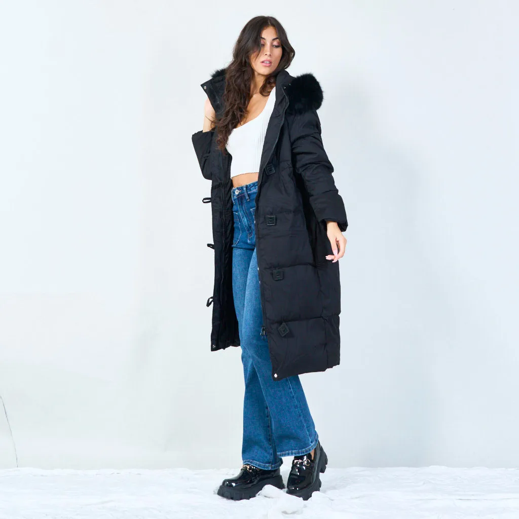 Toggle-front long parka with faux fur hood wholesale