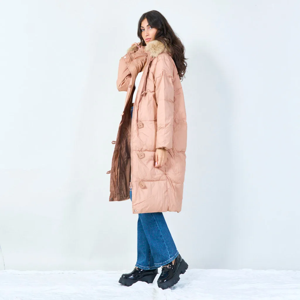 Toggle-front long parka with faux fur hood wholesale