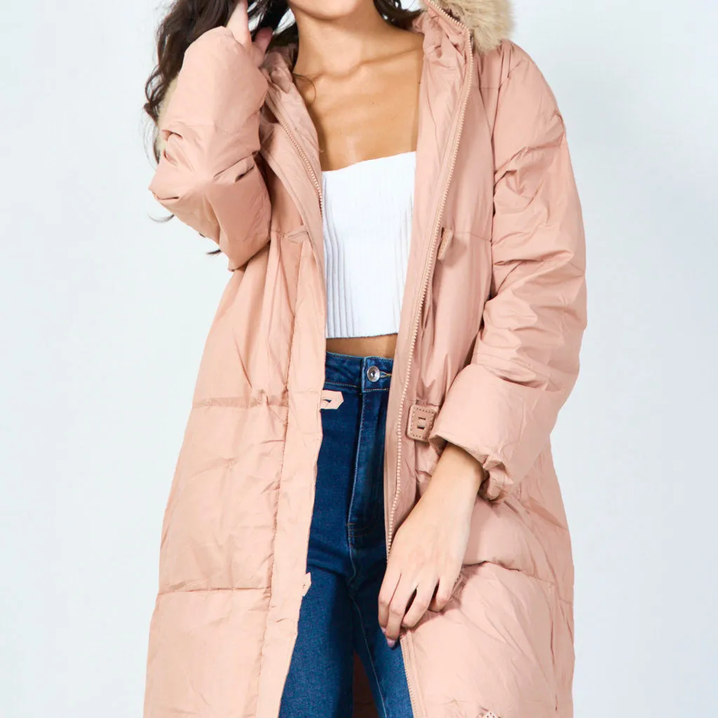 Toggle-front long parka with faux fur hood wholesale