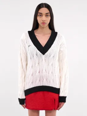 V-Neck Knit Sweater (RR-K043-WHITE-BLACK)