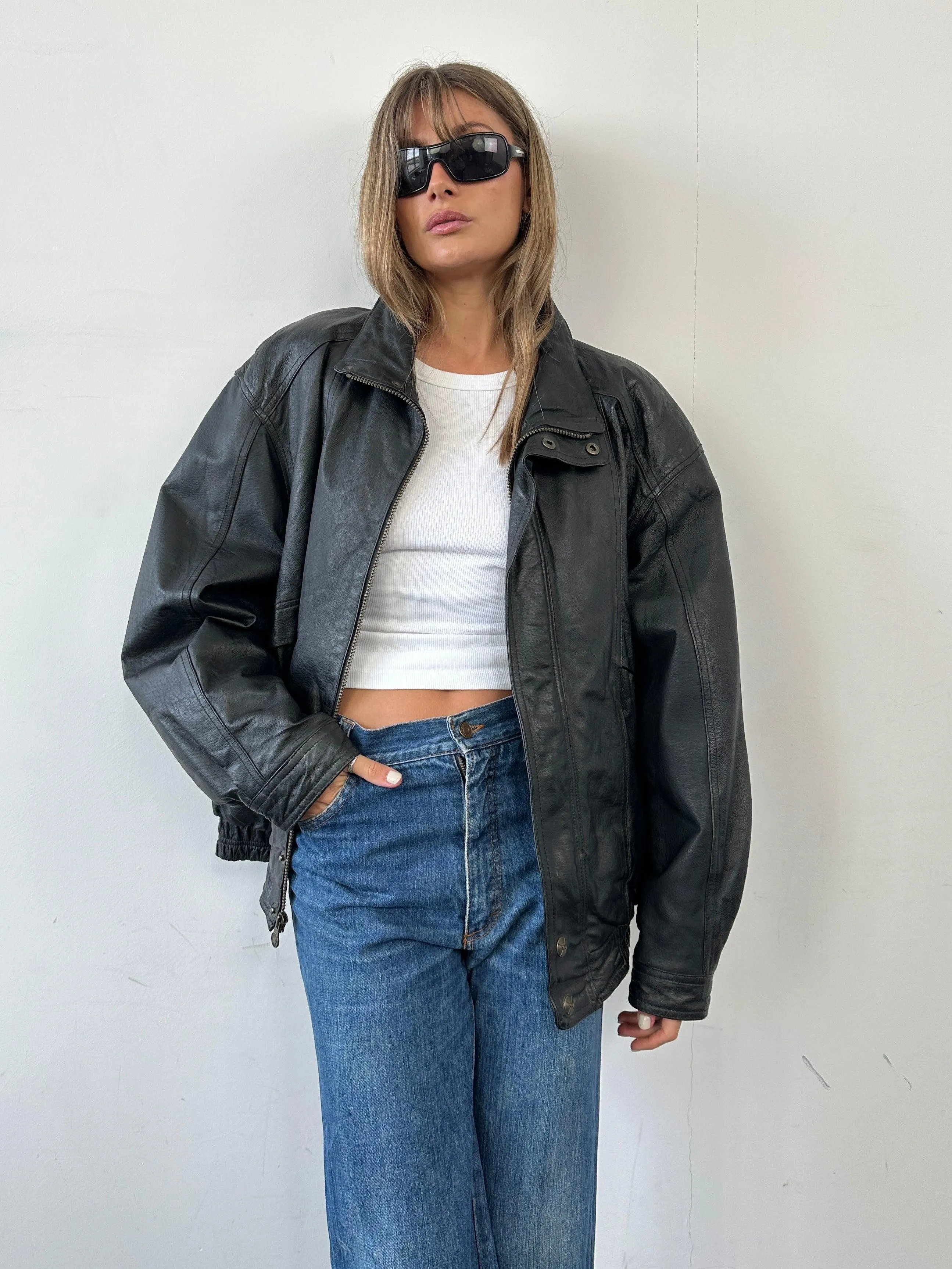 Vintage Leather Bomber Jacket - XL