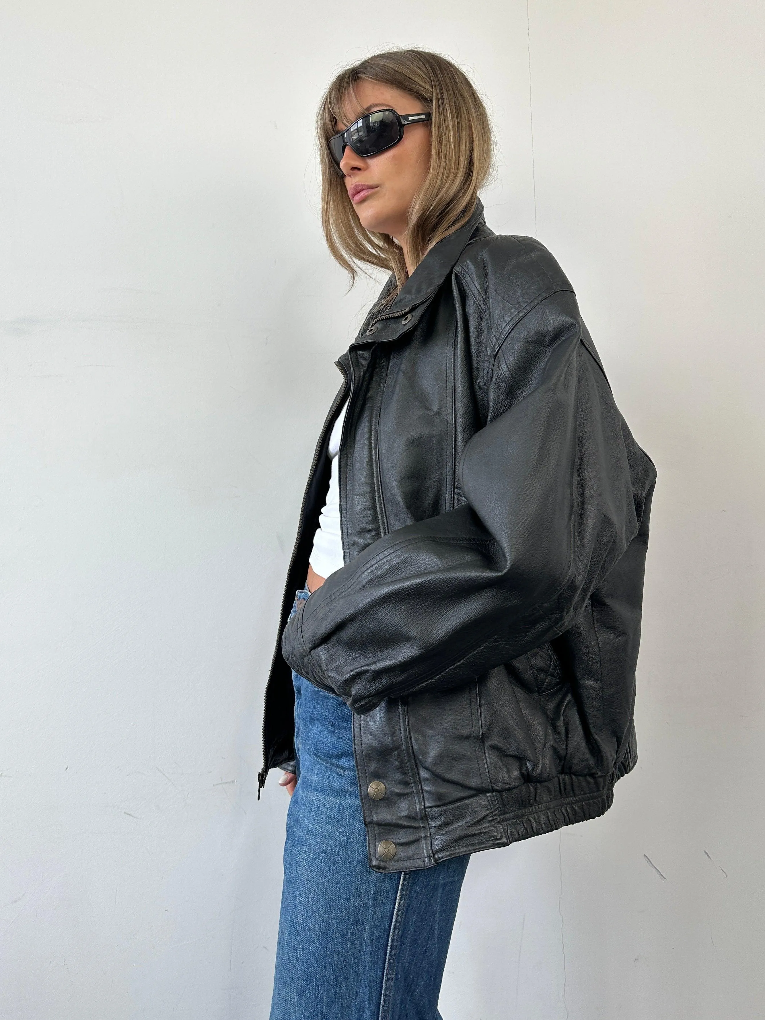 Vintage Leather Bomber Jacket - XL