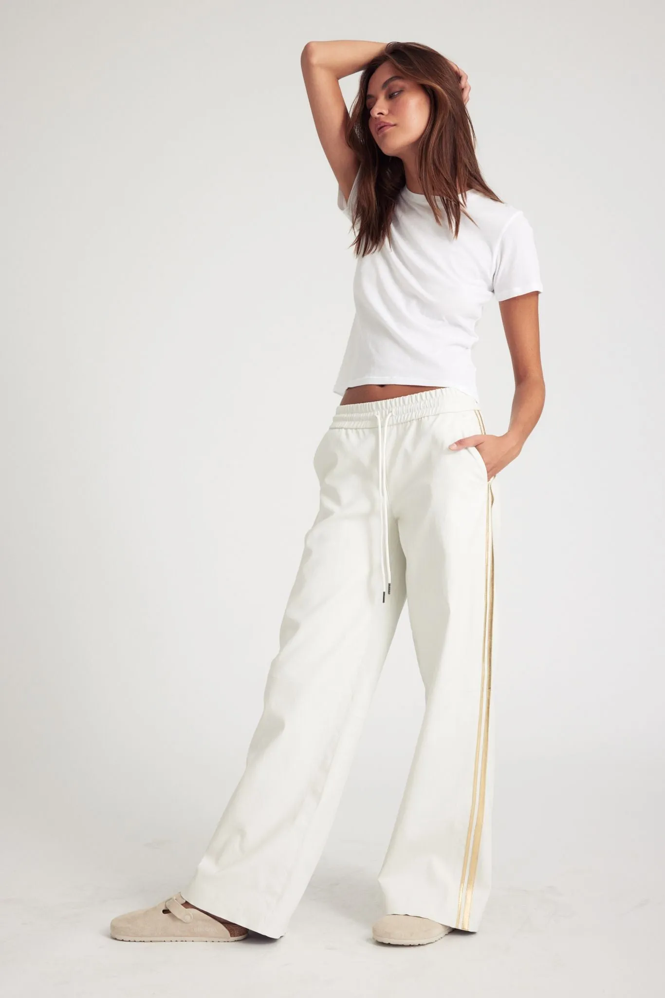 White Leather Athletic Drawstring Pants