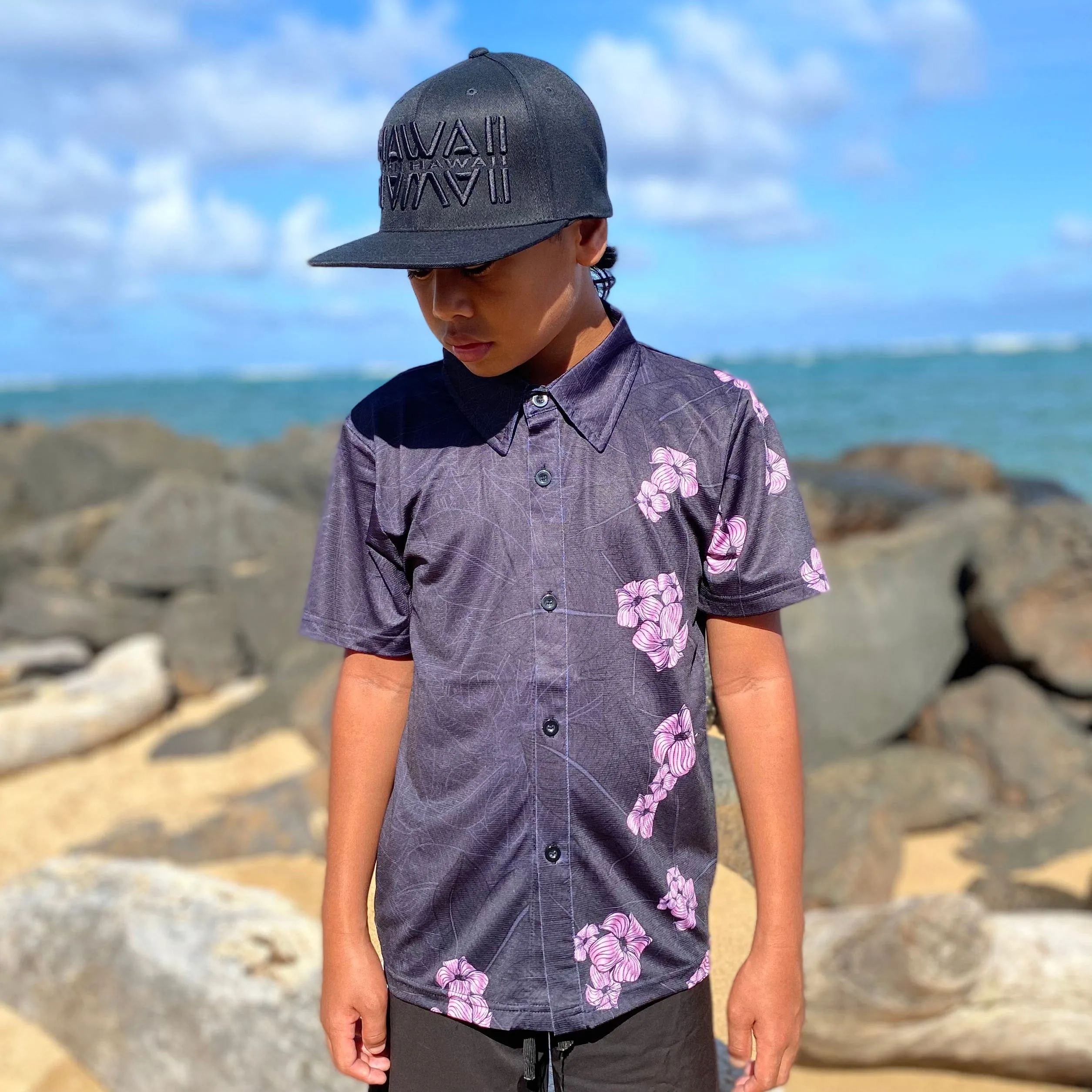 YOUTH PUAKENIKENI ALOHA SHIRT BLK ROSE