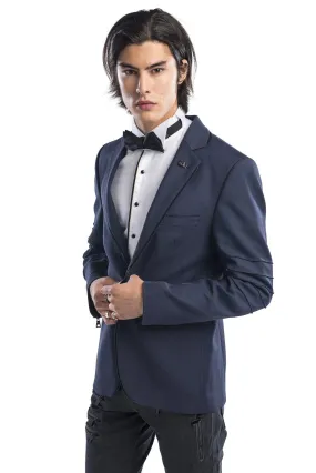 Zipper Piping Fitted Sports Coat - Navy