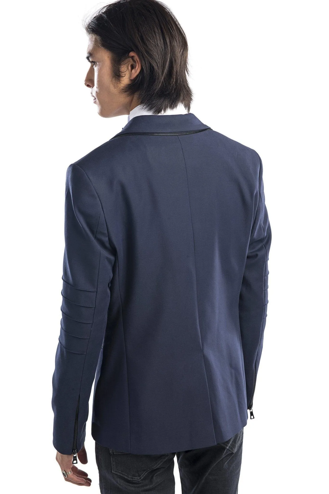 Zipper Piping Fitted Sports Coat - Navy