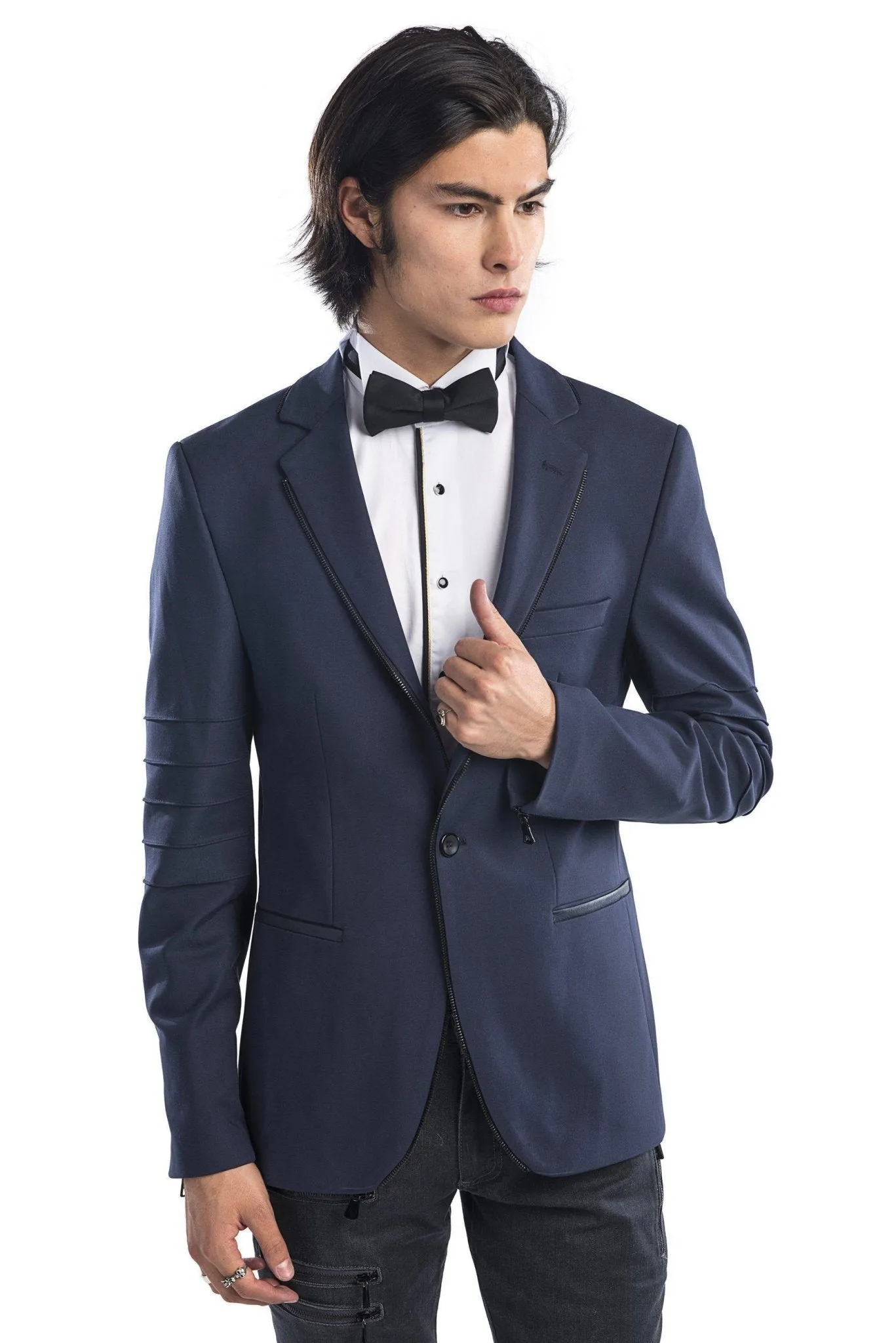 Zipper Piping Fitted Sports Coat - Navy